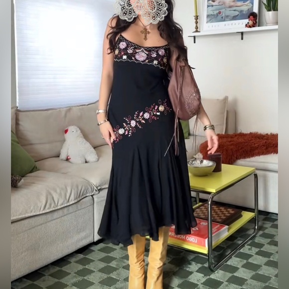 Betsey Johnson Dresses & Skirts - Vintage Betsey Johnson Black Maxi Dress with Floral Embroidery 100% Silk SOLD